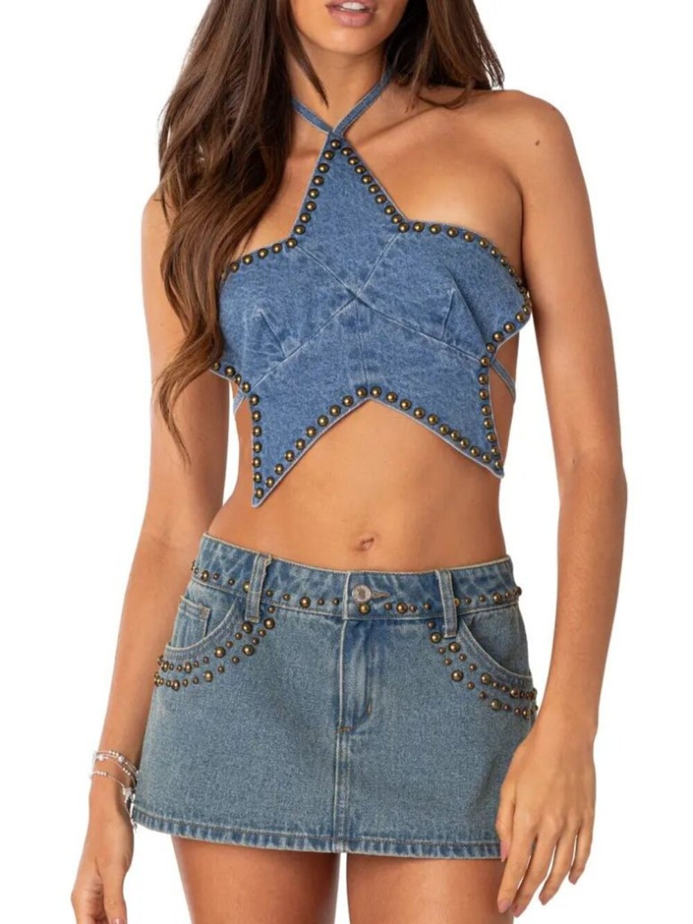 NWT Edikted Starlet Studded Denim Crop Top XS